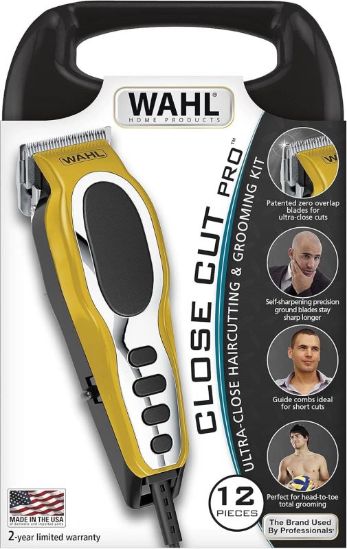 Машинка для стрижки Wahl Close Cut Pro Clipper, від мережі, вібраційний мотор, насадок-6, кейс, сталь, жовтий