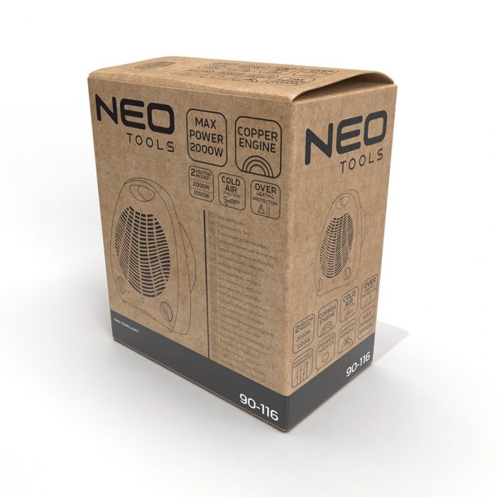 Тепловентилятор Neo Tools, 25м2, 2000Вт, мех. упр-ння, спіральний нагрів. елемент, білий