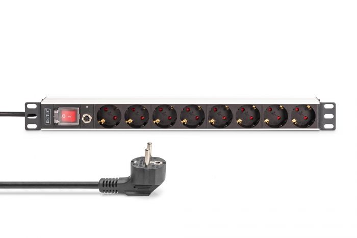 Пристрій розподілу електроживлення DIGITUS 1U, 8xSchuko, 16A, 250V, вимикач, запобіжник, вилка Schuko