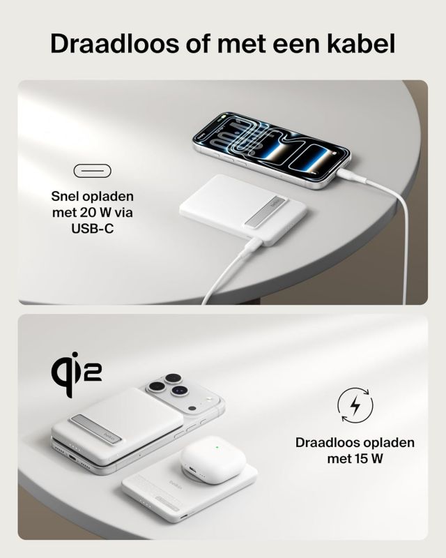 Акумулятор портативний літій-іонний Power Bank Belkin 5000мА·год, 20Вт PD/Qi2 15Вт, Magnetic Kickstand, білий