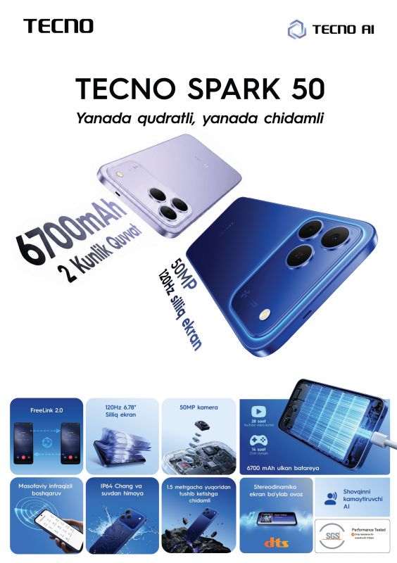 Смартфон TECNO Spark 50 (KN4n) 6.78" 4/128ГБ, 2SIM, 6700мА•год, Inky Black