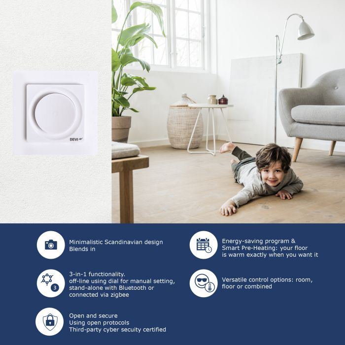 Терморегулятор Devi Devireg Display 3...35 °C для теплої підлоги електронний Bluetooth Zigbee вбудований дротовий датчик 16A 230В білий