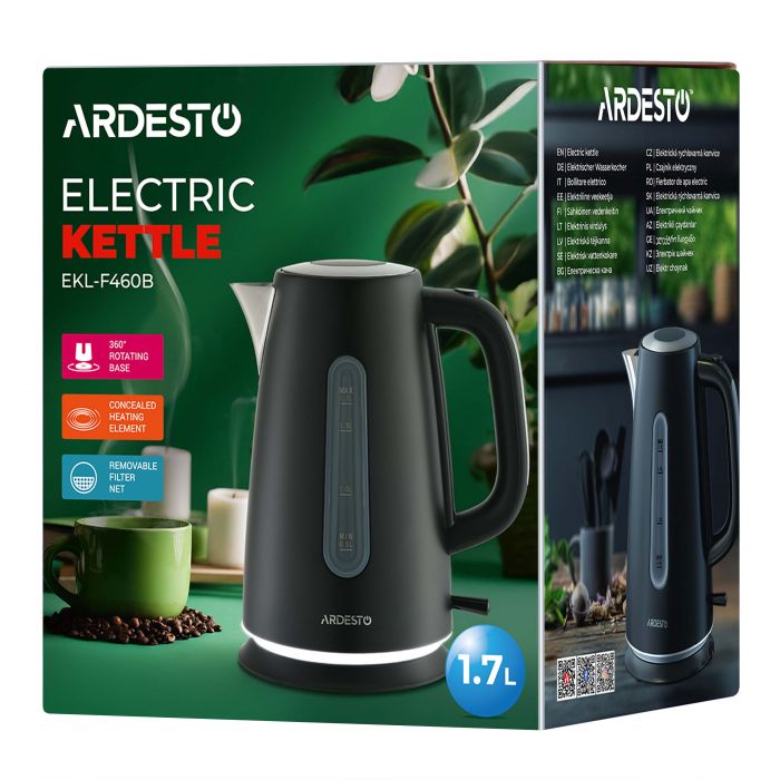 Електрочайник ARDESTO 1.7л, Strix, метал, підсвітка, матовий, чорний