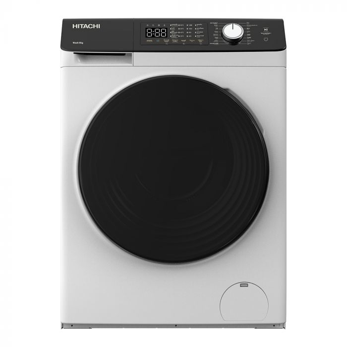 Пральна машина Hitachi фронтальна, 8кг, 1400, A+++, 60см, дисплей, пара, інвертор, люк чорний, білий