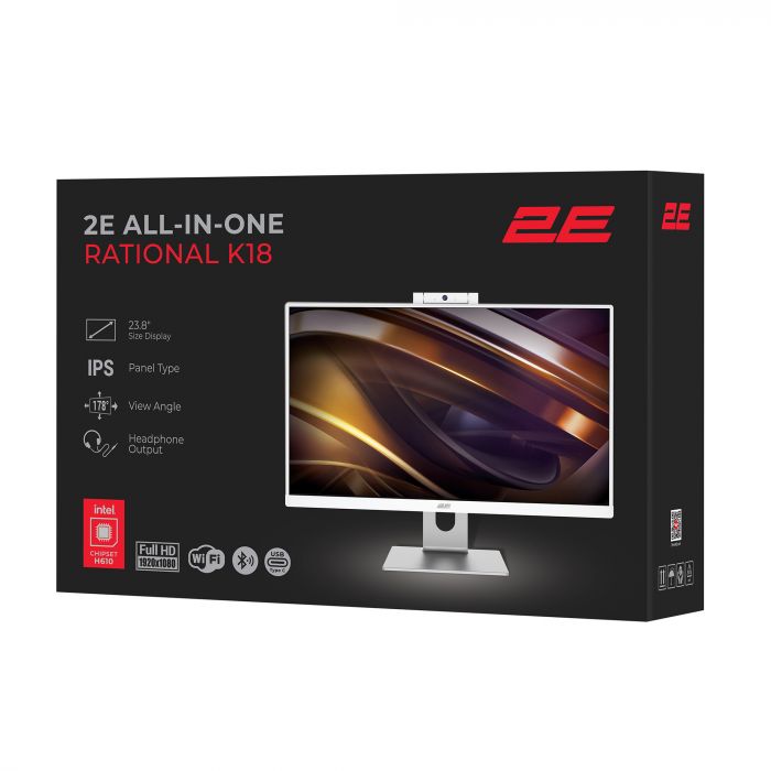 Комп'ютер персональний моноблок 2E Rational K18 23.8" FHD IPS Intel i5-12400, 16Gb, F256GB, UMA, H610, K18.610, 150W, Win11PE, OFC2024H&B, білий