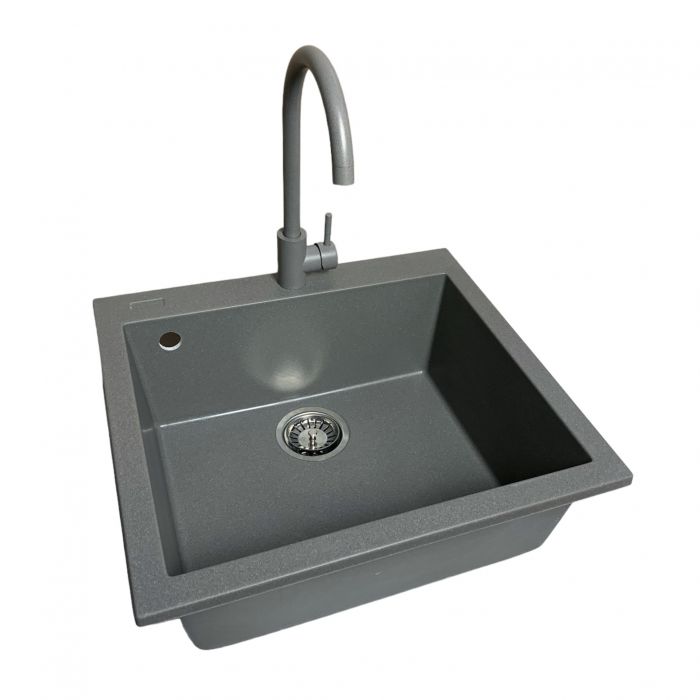 Набір кухонний Adamant Univer, штучний камінь, квадрат, без крила, 560х500х200мм, чаша - 1, врізна, сірий + змішувач + дозатор + ополіскувач склянок + коландер