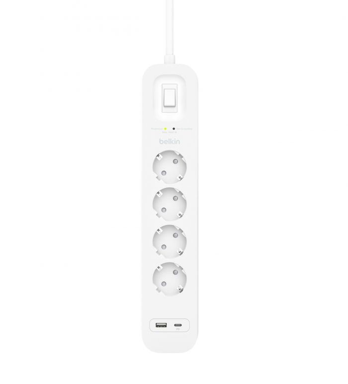Подовжувач мережевий Belkin 2м, 4хТипF, 16А, USB-A/USB-C 18Вт, фільтр, білий