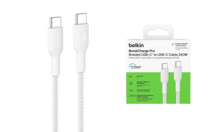 Кабель USB-C > USB-C заряджання/синхронізації Belkin 1м, 240Вт, Type-C, плетений, білий