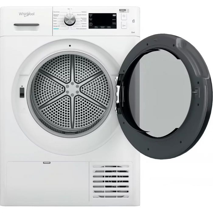 Сушильна машина Whirlpool тепловий насос, 9кг, A++, 65см, дисплей, люк чорний, білий