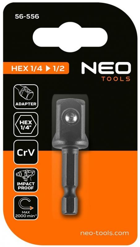 Перехідник Neo Tools, 1/4" Hex 1/2" квадрат, ударний, сталь S2
