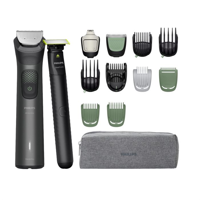 Тример Philips Series 9000, для обличчя, голови, тіла, акум., насадок-15, OneBlade в компл., сталь, сірий