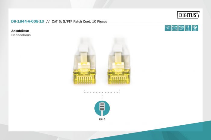 Патч-корд DIGITUS CAT 6a S-FTP, 0,5м, AWG 26/7, Cu, LSZH, сірий, 10шт.