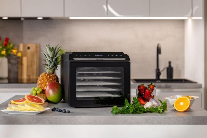 Сушарка для продуктів Gorenje 580Вт, піддонів - 6x1.5см, діаметр - 25см, макс - 75°С, дисплей, пластик+метал, чорний