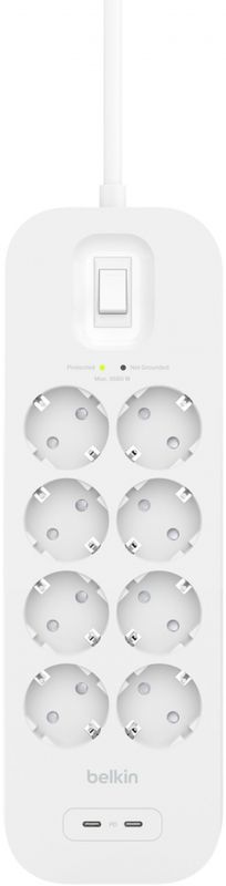 Подовжувач-фільтр мережевий Belkin 8хТип F, 3x1.5мм кв, 16А, USB-C/USB-C 30Вт, з захистом від перенапруги, 2м, білий