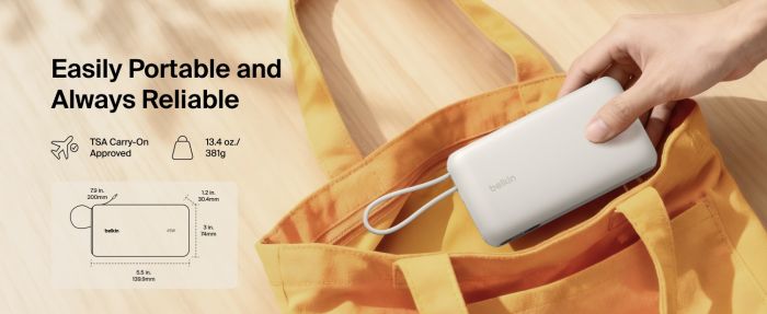 Акумулятор портативний літій-іонний Power Bank Belkin 20000мА·год, 45Вт, з інтегрованим кабелем USB-C, пісочний