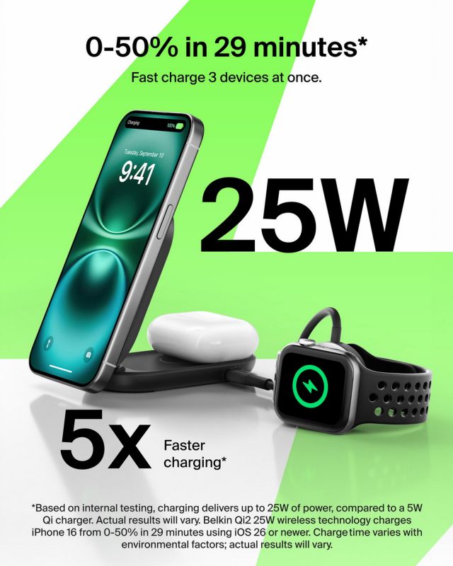 Зарядний пристрій бездротовий Belkin UltraCharge 2в1 Foldable Magnetic Charging 25Вт, чорний