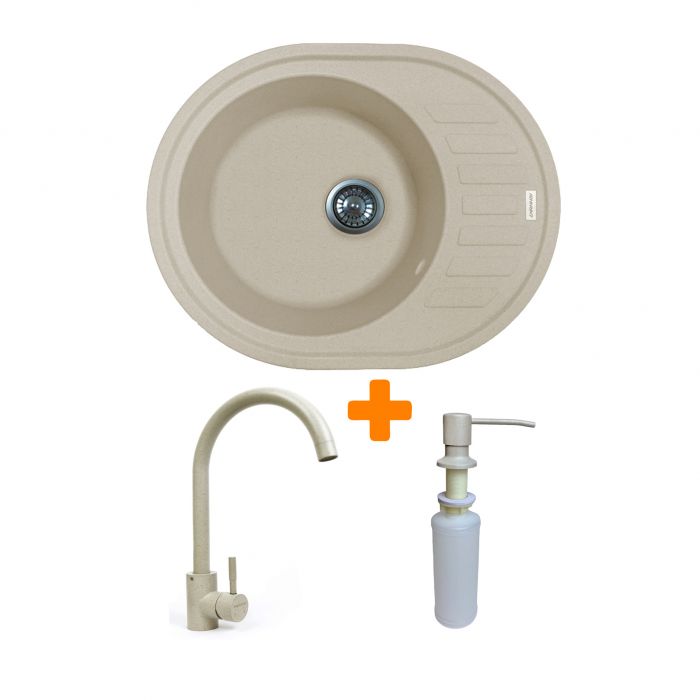 Набір кухонний Adamant Ovum, штучний камінь, овальна, з крилом, 615х495х200мм, чаша - 1, врізна, Avena + змішувач та дозатор