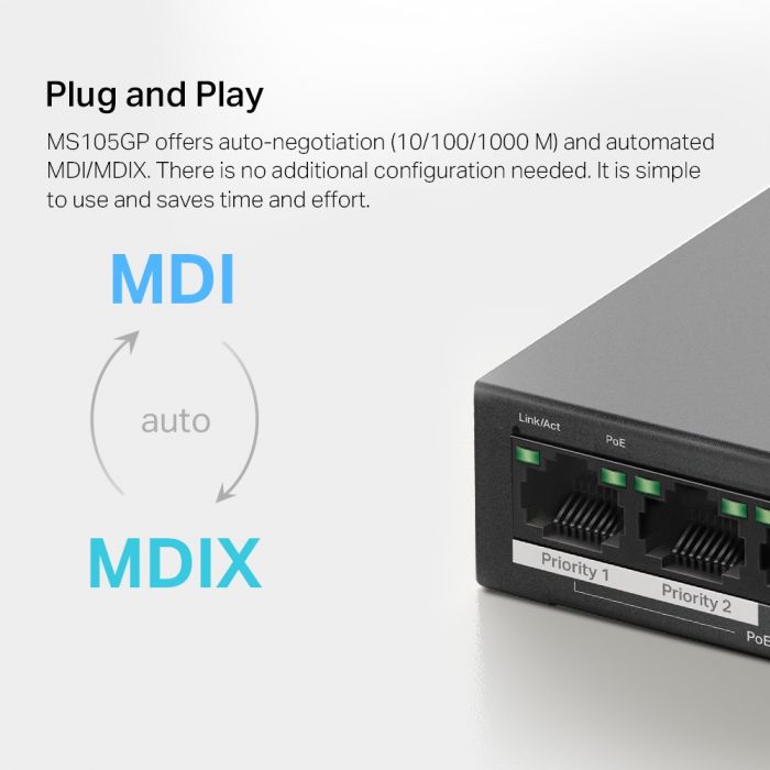 Комутатор MERCUSYS MS105GP 5xGE (4xPoE), 65Вт, Некерований