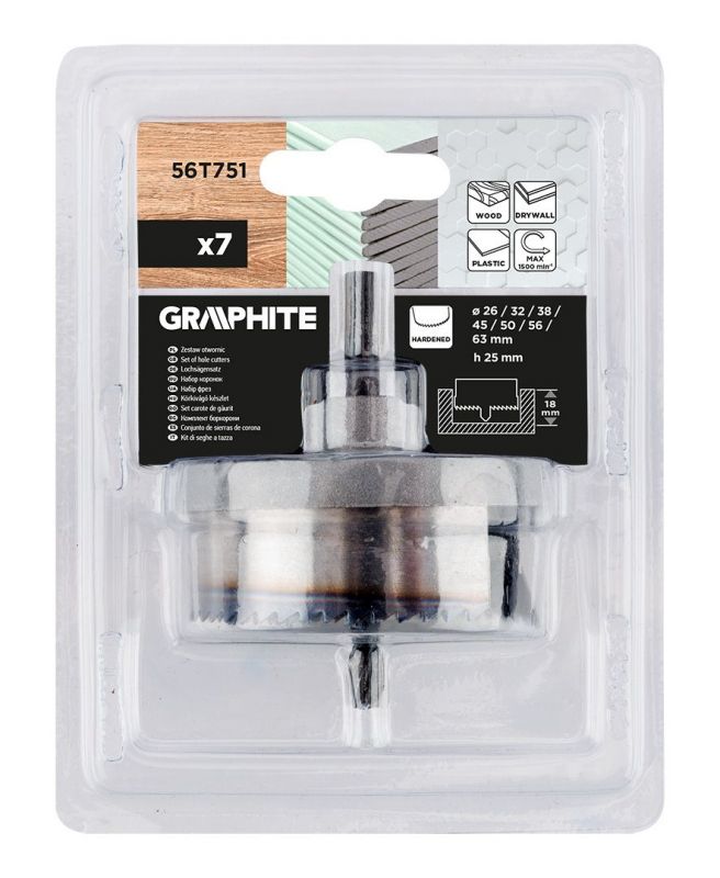 Коронки по дереву GRAPHITE загартовані зубці 26-63х25мм 7шт