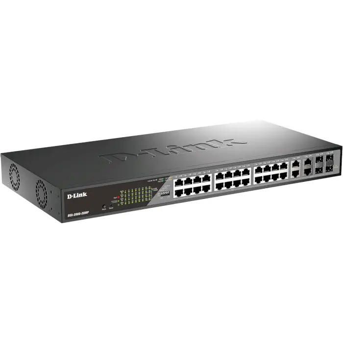 Комутатор D-Link DSS-200G-28MP 24xGE PoE, 4xSFP/GE, 370W, Некерований