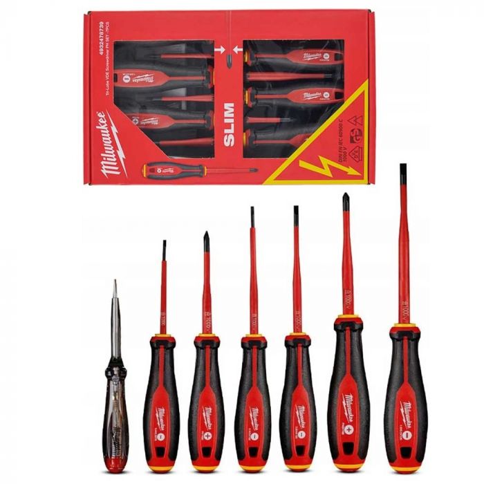 Викрутки Milwaukee ізольовані VDE до 1000В, SL2,5, SL3, SL4, SL5.5, PH1,PH2, викрутка-тестер набір 7шт