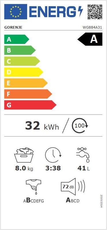 Пральна машина Gorenje фронтальна, 8кг, 1400, A+++, 54см, дисплей, інвертор, пара, Wi-Fi, білий