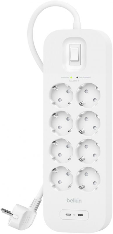 Подовжувач-фільтр мережевий Belkin 8хТип F, 3x1.5мм кв, 16А, USB-C/USB-C 30Вт, з захистом від перенапруги, 2м, білий