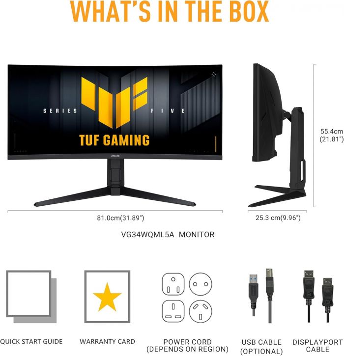 Монітор Asus 34" TUF Gaming VG34WQL5A 2xHDMI, 2xDP, 4xUSB, MM, VA, 3440x1440, 21:9, 165Hz, 1ms, sRGB 120%, CURVED, AdaptiveSync, HAS, HDR400