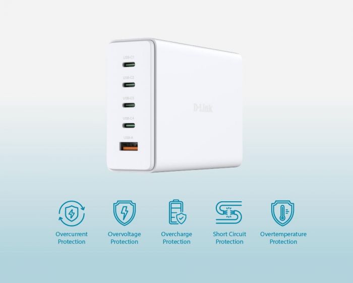Зарядний пристрій мережевий D-Link DCF-241 240Вт GaN 4хUSB-С, 1xUSB-A, білий