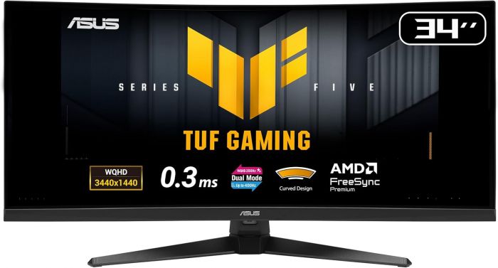 Монітор Asus 34" TUF Gaming VG34WQ5A 2xHDMI, 2xDP, 2xUSB, MM, VA, 3440x1440, 21:9, 200/400Hz, 0.5ms, DCI-P3 95%, CURVED, AdaptiveSync, HDR400