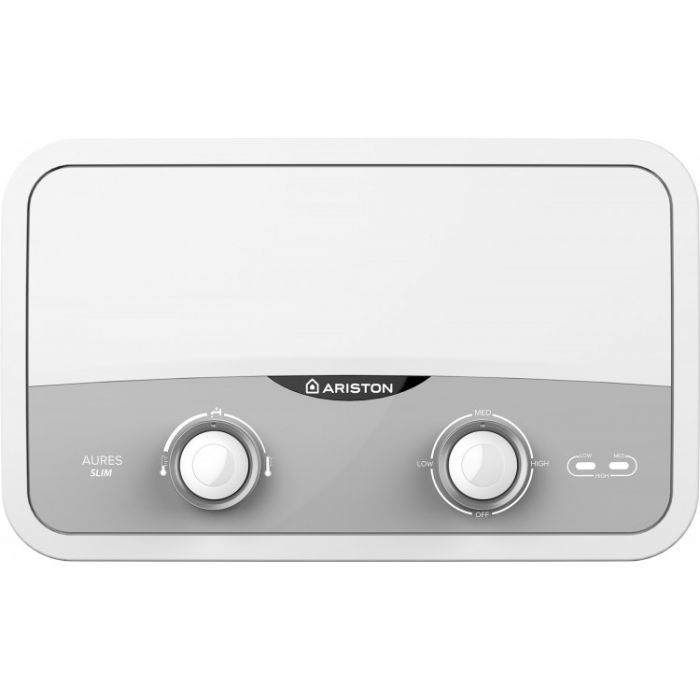 Водонагрівач електр. Ariston AURES SF 5.5 COM EU проточний, 2,1л, 5,5кВт, горизонтальний монтаж, мех. кер-ння, A, В'єтнам, біло-сірий