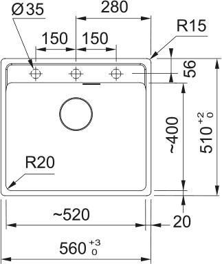 Мийка кухонна Franke Maris, фраграніт, прямокутник, без крила, 560х510х200мм, чаша - 1, врізна, MRG 610-52 TL, онікс