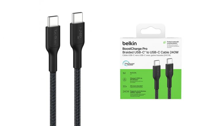Кабель USB-C > USB-C заряджання/синхронізації Belkin 1м, 240Вт, Type-C, плетений, чорний