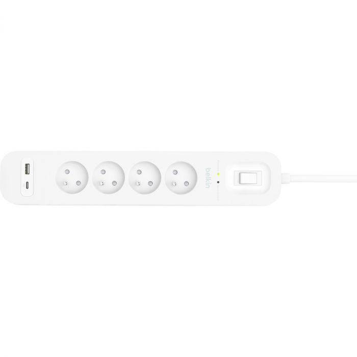Подовжувач мережевий Belkin 2м, 4хТипE, 16А, USB-A/USB-C 18Вт, фільтр, білий