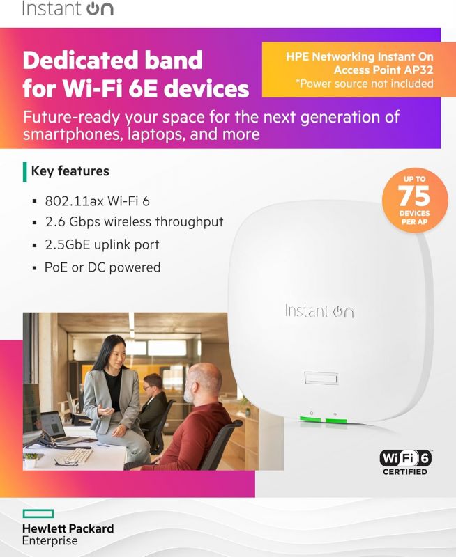Точка доступу HPE Aruba Instant On AP32, DR2x2, Wi-Fi 6E, 2.5GE uplink port, Indoor