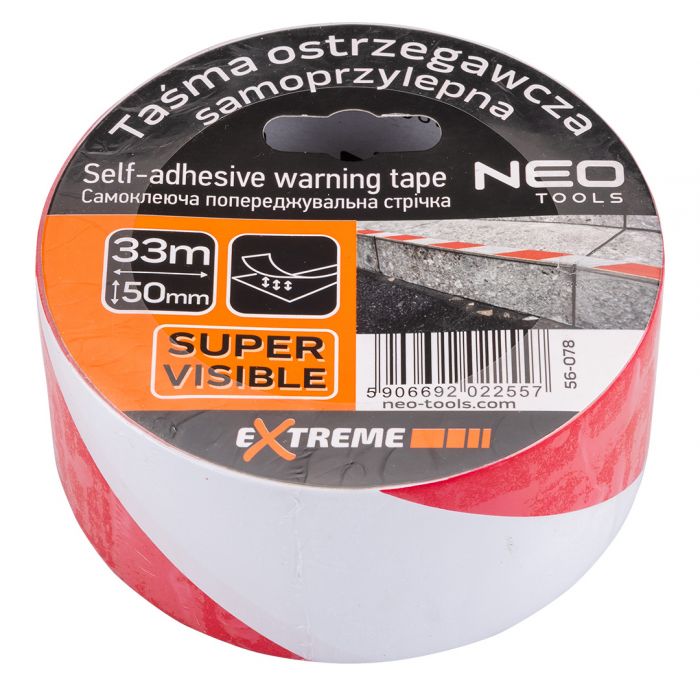 Стрічка попереджувальна клейка Neo Tools, 50мх33мм, червоно-білий