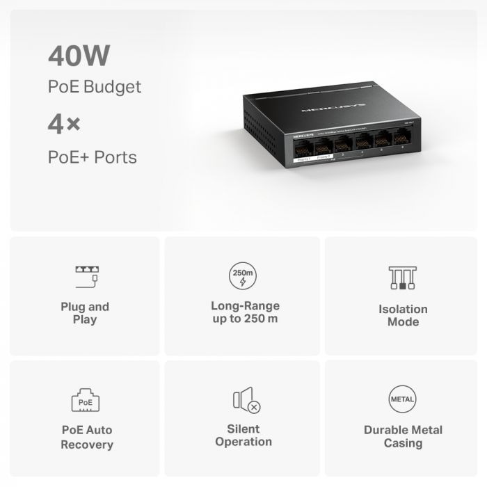 Комутатор MERCUSYS MS106LP 6xFE (4xPoE), 40Вт, Некерований