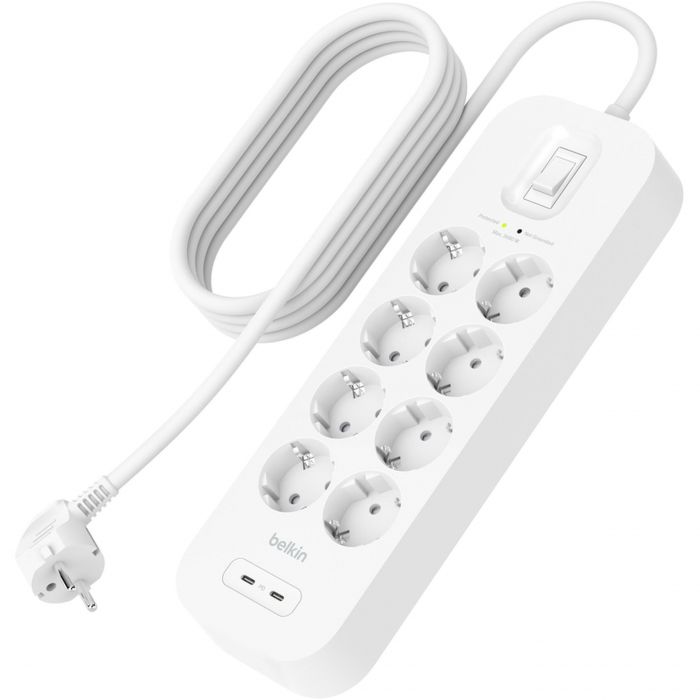 Подовжувач мережевий Belkin 2м, 8хТипF, 16А, USB-С/USB-C 30Вт, фільтр, білий