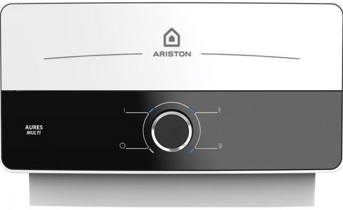 Водонагрівач електр. Ariston проточний AURES SM 7.7, 4,4л.хв, 7,7кВт, горизонтальний монтаж, мех. кер-ння, A, В'єтнам, біло-чорний
