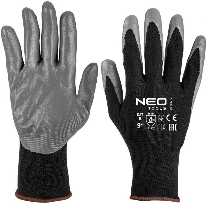 Рукавички робочі Neo Tools поліестер з нітриловим покриттям, р.9, сіро-чорний