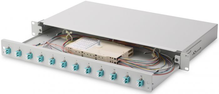 Оптична панель DIGITUS 19' 1U, 12xLC duplex, incl, Splice Cass, OM3 Color Pigtails, Adapter