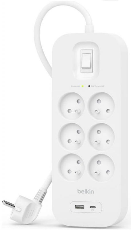 Подовжувач мережевий Belkin 2м, 6хТипE, 16А, USB-A/USB-C 18Вт, фільтр, білий
