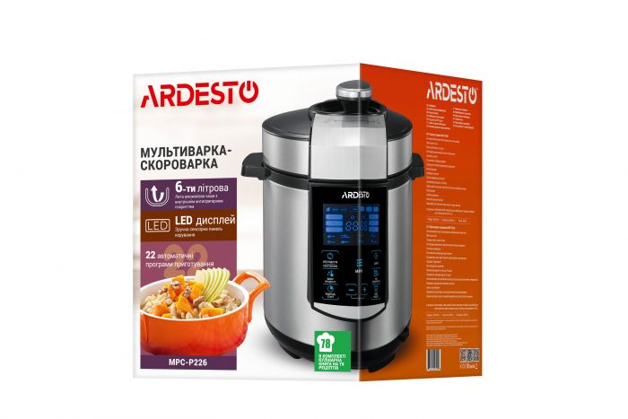 Мультиварка-скороварка Ardesto MPC-P226, 900Вт, чаша-6л, електр. керування , книга рецептів, нерж. сталь+пластик, срібляста